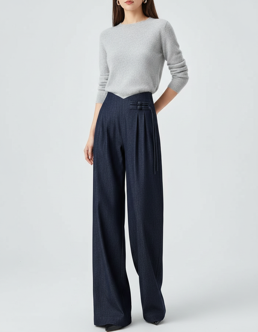 Pantalon Chinois Denim Large Plissé Élégant Femme - Marine Jean