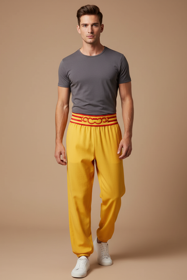 Pantalon Chinois Jaune Ample Décontracté Brodé Ceinture - Molleton
