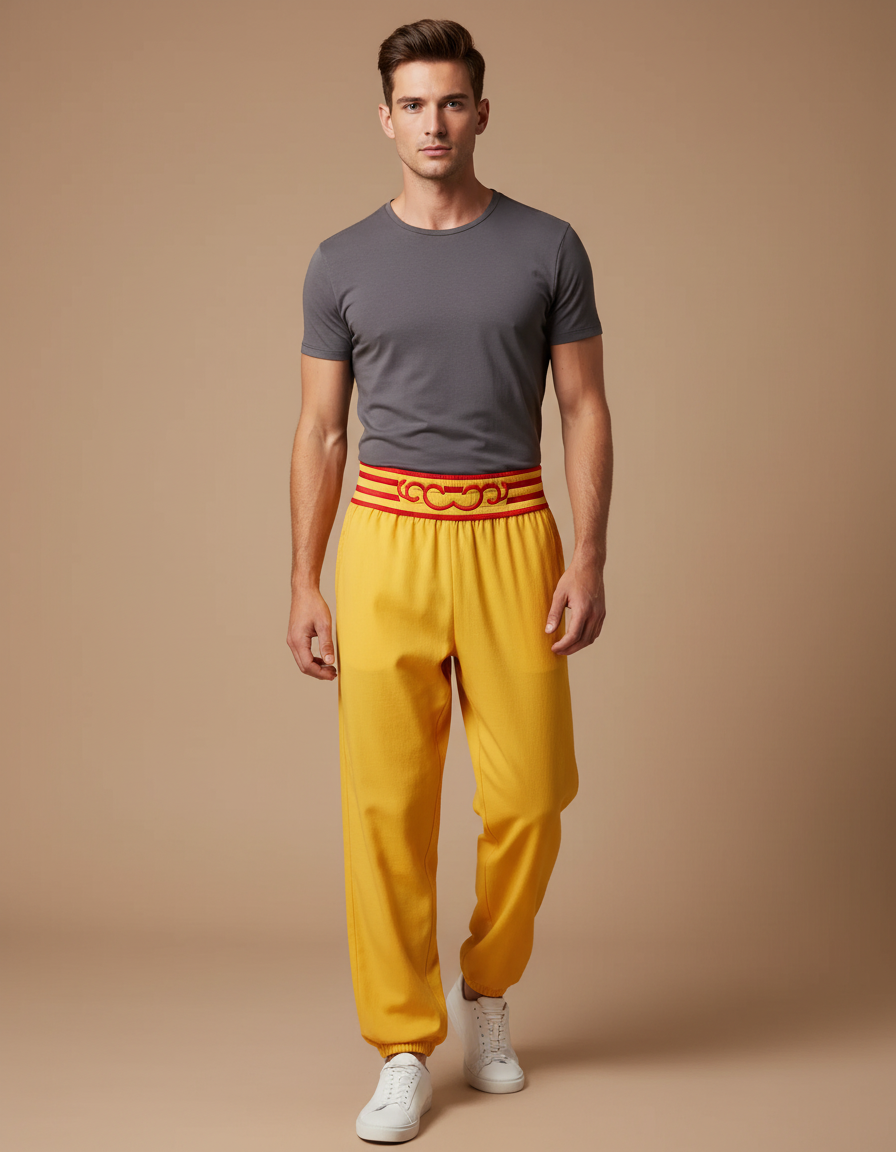 Pantalon Chinois Jaune Ample Décontracté Brodé Ceinture - Molleton