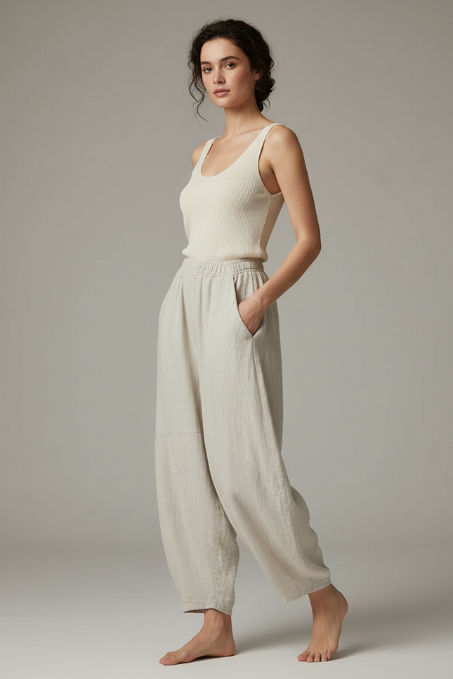 Pantalon Chinois Lin Coton Ample Vintage Beige