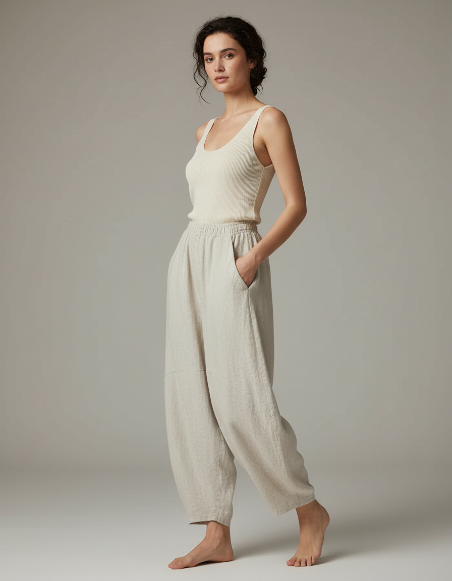 Pantalon Chinois Lin Coton Ample Vintage Beige