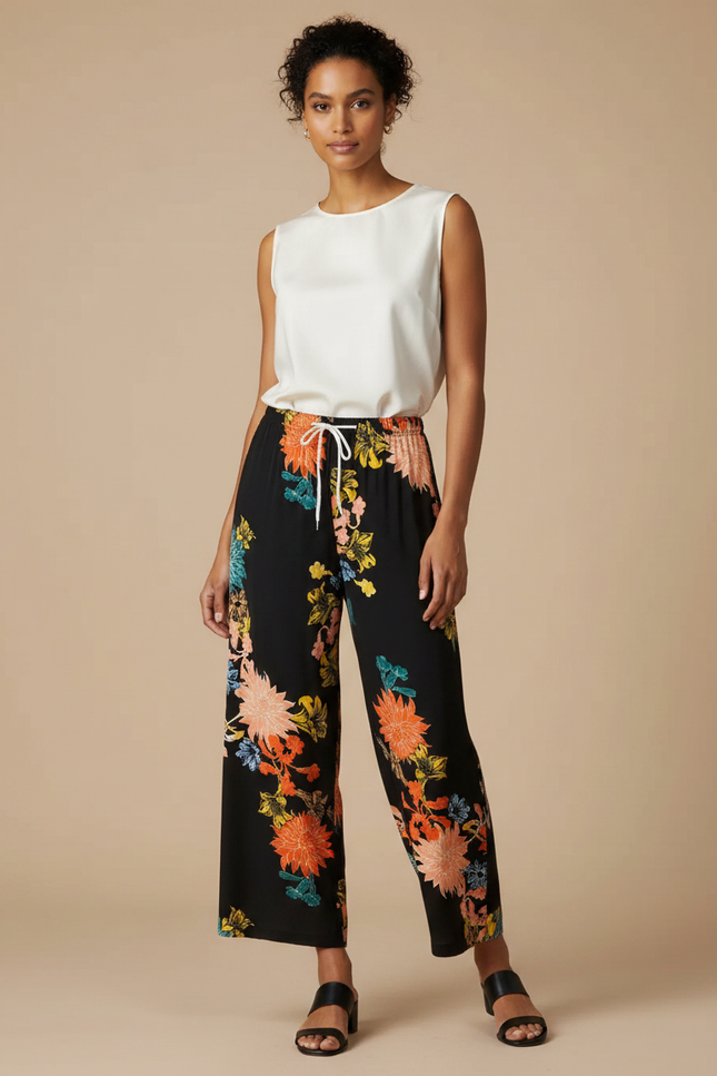 Pantalon Chinois Noir Floral Ample Fluide Cordon Élégant - Imprimé Viscose