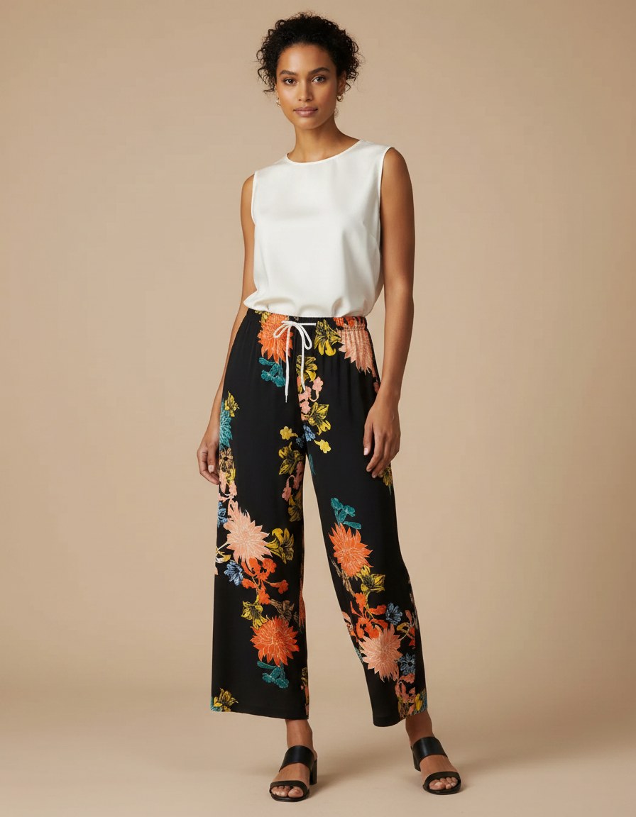 Pantalon Chinois Noir Floral Ample Fluide Cordon Élégant - Imprimé Viscose