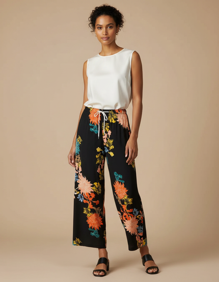 Pantalon Chinois Noir Floral Ample Fluide Cordon Élégant - Imprimé Viscose