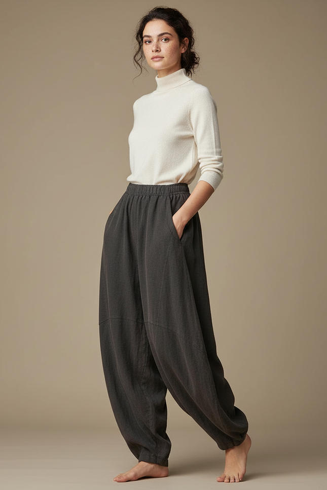 Pantalon Chinois Femme Sarouel Lin - Gris