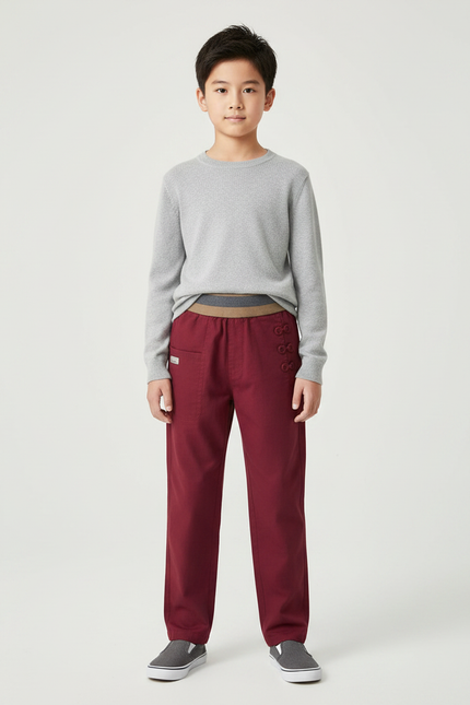 Pantalon Chinois Bordeaux Décontracté Boutons Garçon - Coton