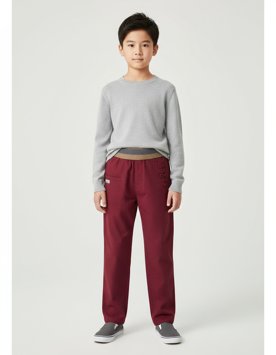 Pantalon Chinois Bordeaux Décontracté Boutons Garçon - Coton