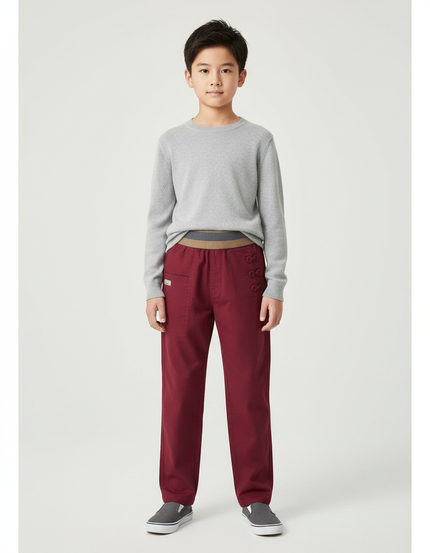 Pantalon Chinois Bordeaux Décontracté Boutons Garçon - Coton