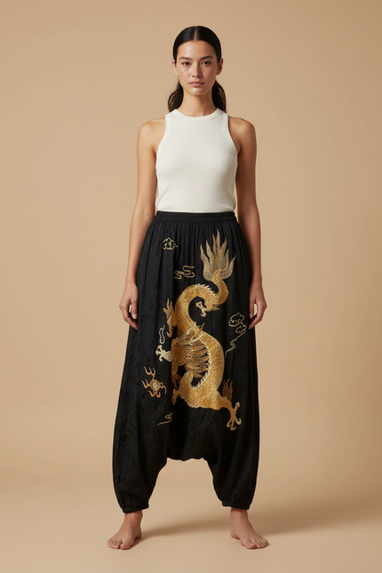 Pantalon Chinois Noir Brodé Dragon Doré Ample Femme - Velours