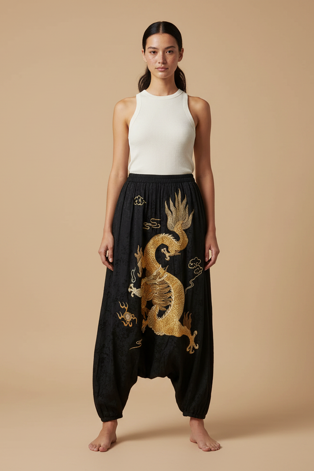 Pantalon Chinois Noir Brodé Dragon Doré Ample Femme - Velours