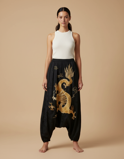 Pantalon Chinois Noir Brodé Dragon Doré Ample Femme - Velours