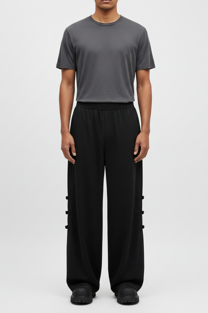 Pantalon Chinois Noir Ample Boutons Décontracté Homme - Molleton