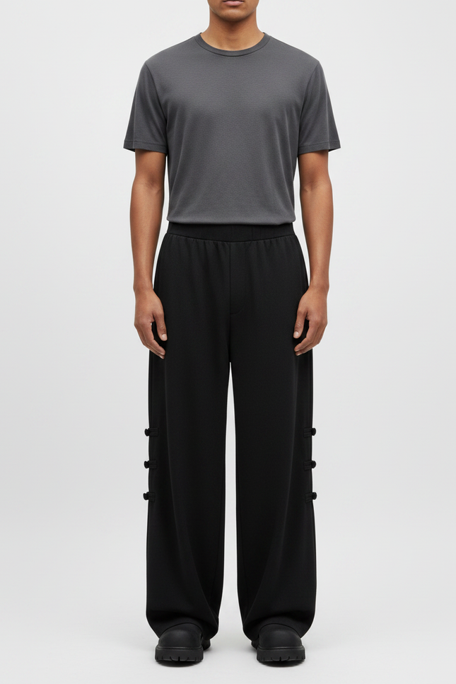 Pantalon Chinois Noir Ample Boutons Décontracté Homme - Molleton