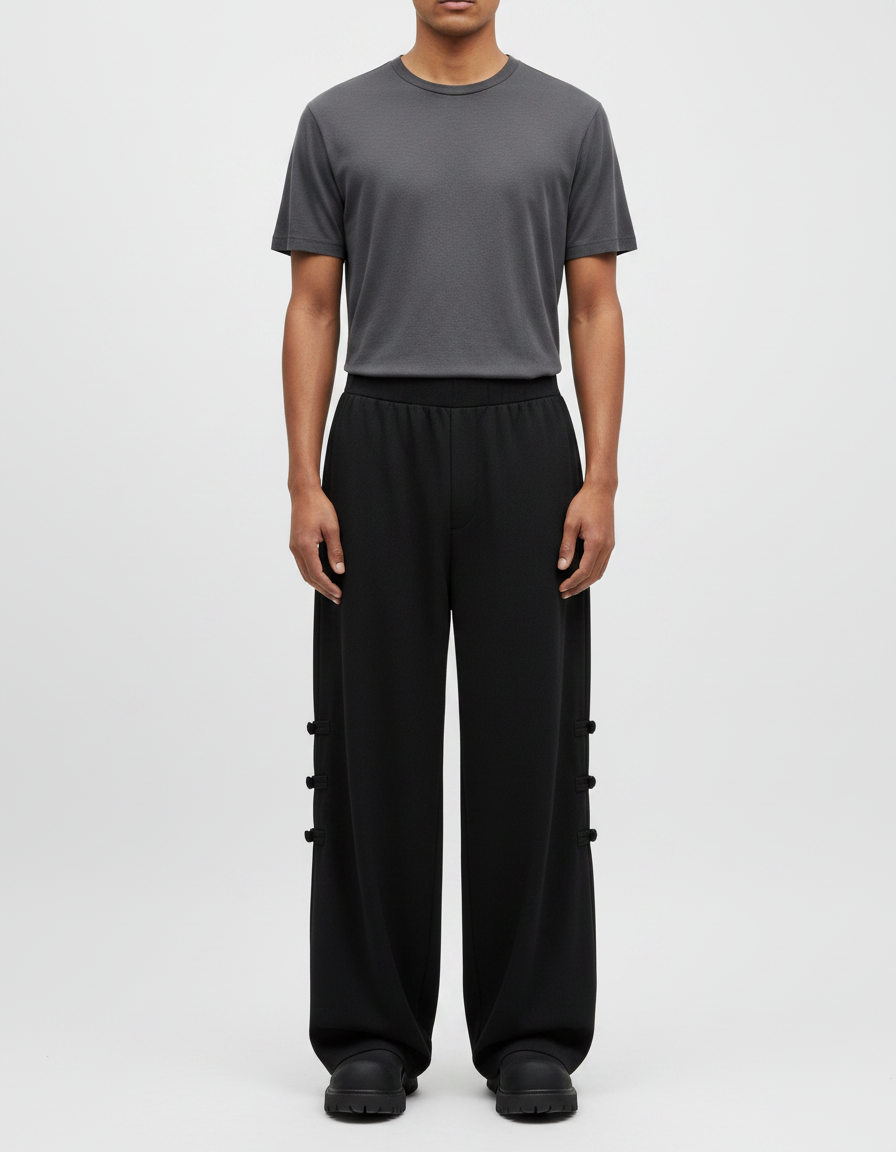 Pantalon Chinois Noir Ample Boutons Décontracté Homme - Molleton