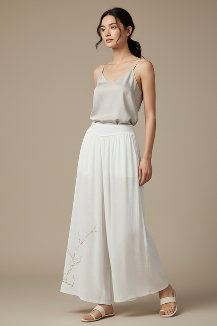 Pantalon Chinois Blanc Ample Brodé Fluide Femme - Lin