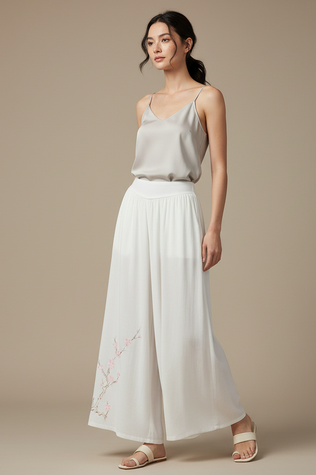 Pantalon Chinois Blanc Ample Brodé Fluide Femme - Lin