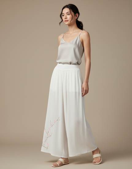 Pantalon Chinois Blanc Ample Brodé Fluide Femme - Lin