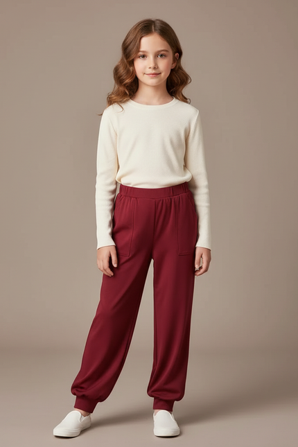 Pantalon Chinois Rouge Ample Côtelé Enfant Décontracté - Bordeaux Maille