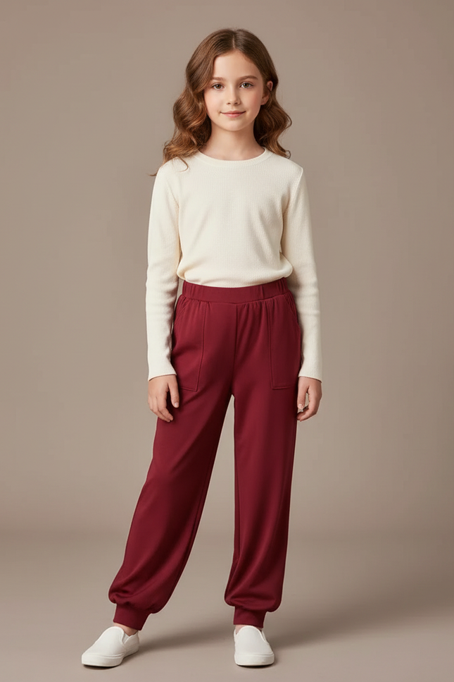 Pantalon Chinois Rouge Ample Côtelé Enfant Décontracté - Bordeaux Maille