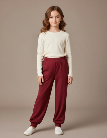 Pantalon Chinois Rouge Ample Côtelé Enfant Décontracté - Bordeaux Maille