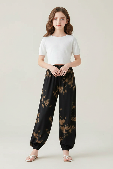 Pantalon Chinois Noir Tie-Dye Ample Fluide Estival Femme - Imprimé Viscose
