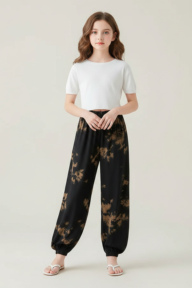 Pantalon Chinois Noir Tie-Dye Ample Fluide Estival Femme - Imprimé Viscose
