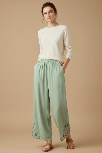 Pantalon Chinois Vert Fluide Brodé Élastique Femme - Lin