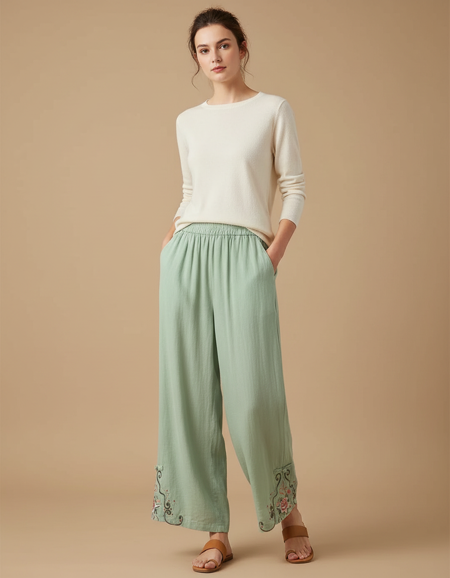 Pantalon Chinois Vert Fluide Brodé Élastique Femme - Lin