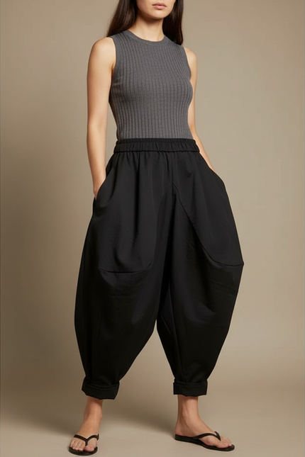 Pantalon Chinois Noir Ample Fluide Décontracté Harem - Polyester