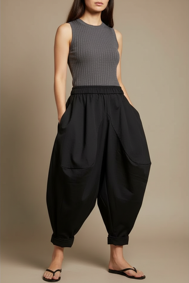 Pantalon Chinois Noir Ample Fluide Décontracté Harem - Polyester