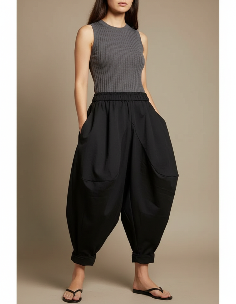 Pantalon Chinois Noir Ample Fluide Décontracté Harem - Polyester