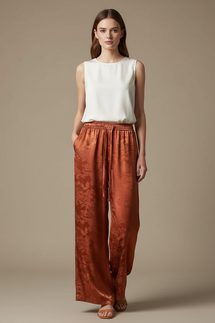 Pantalon Chinois Terracotta Jacquard Floral Fluide Élégant - Orange Satin