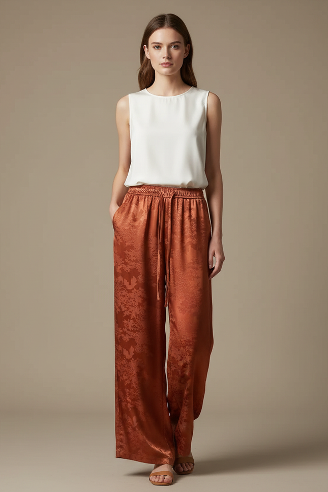 Pantalon Chinois Terracotta Jacquard Floral Fluide Élégant - Orange Satin