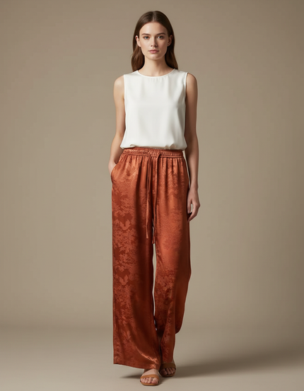 Pantalon Chinois Terracotta Jacquard Floral Fluide Élégant - Orange Satin