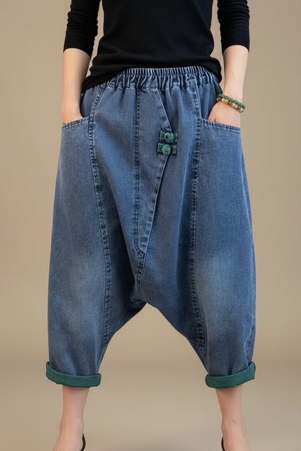 Pantalon Chinois Denim Ample Harem Turquoise Décontracté Femme - Bleu Jean