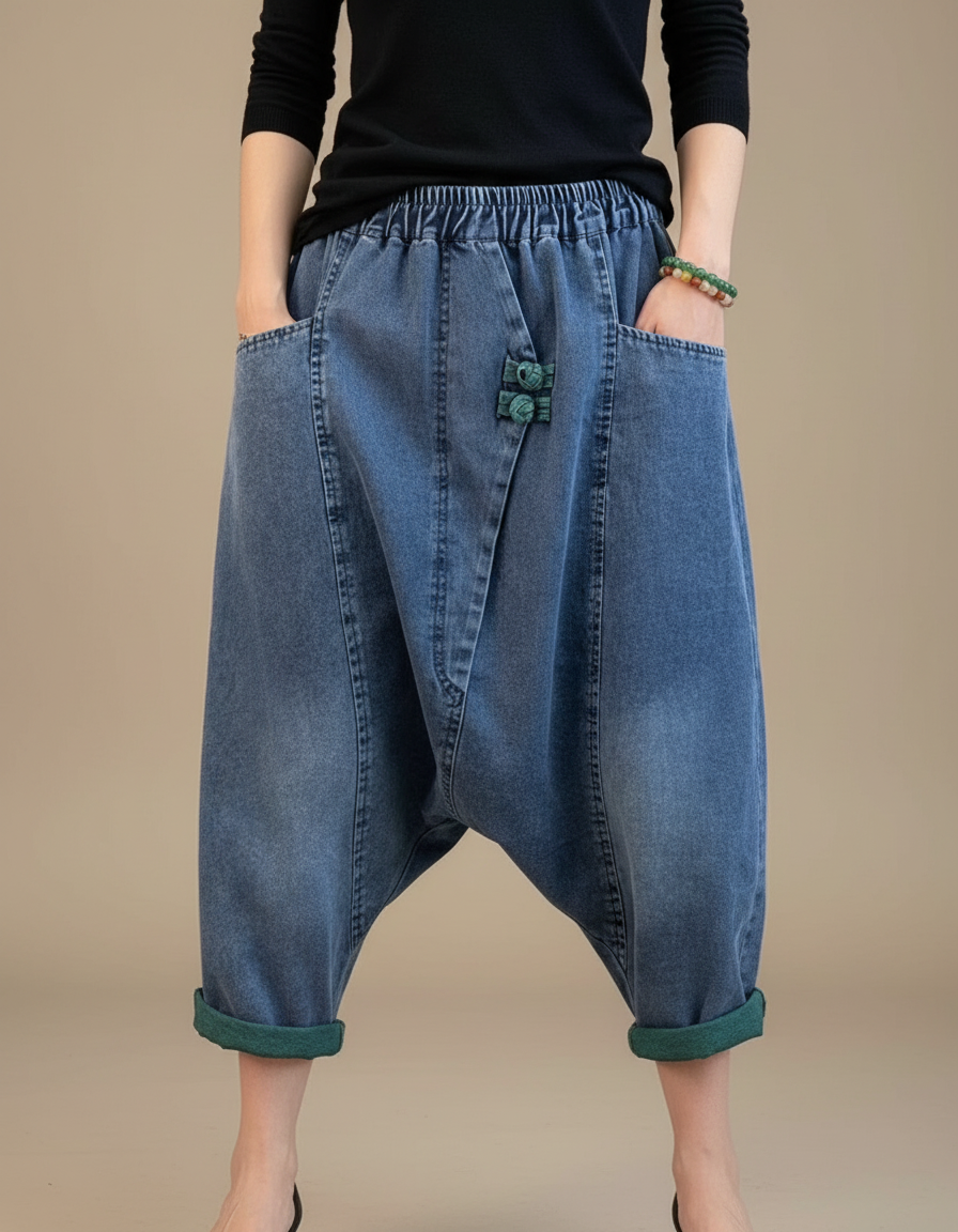 Pantalon Chinois Denim Ample Harem Turquoise Décontracté Femme - Bleu Jean