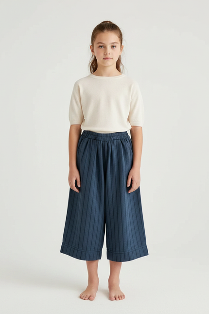 Pantalon Chinois Bleu Rayé Coton Ample Décontracté - Marine