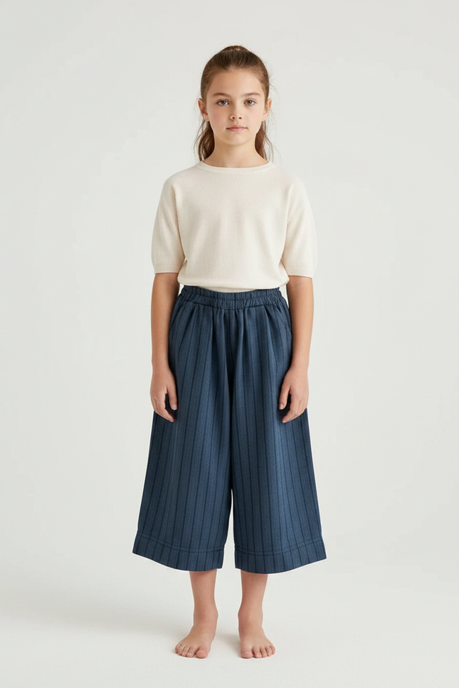 Pantalon Chinois Bleu Rayé Coton Ample Décontracté - Marine