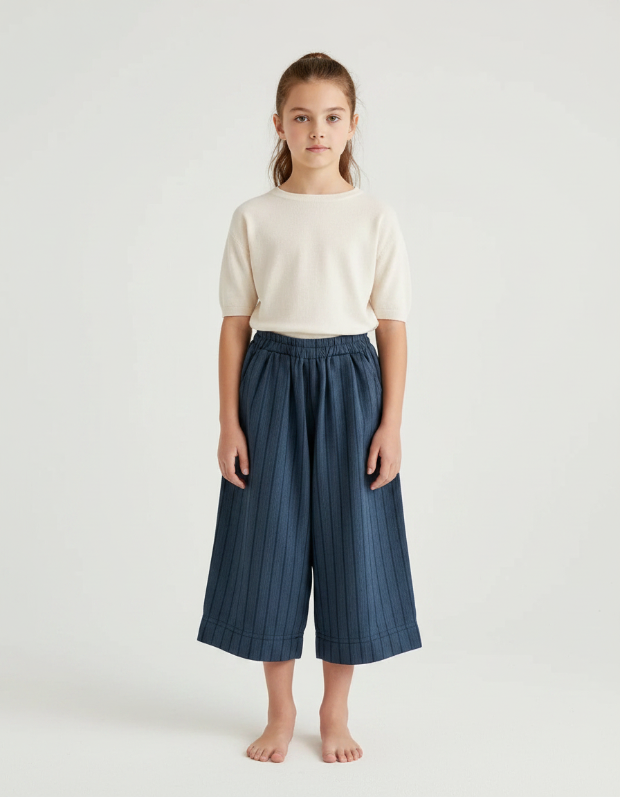 Pantalon Chinois Bleu Rayé Coton Ample Décontracté - Marine