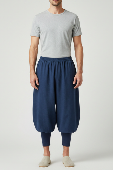 Pantalon Chinois Bleu Ample Coton Lin Moine - Marine