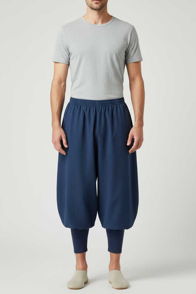 Pantalon Chinois Bleu Ample Coton Lin Moine - Marine