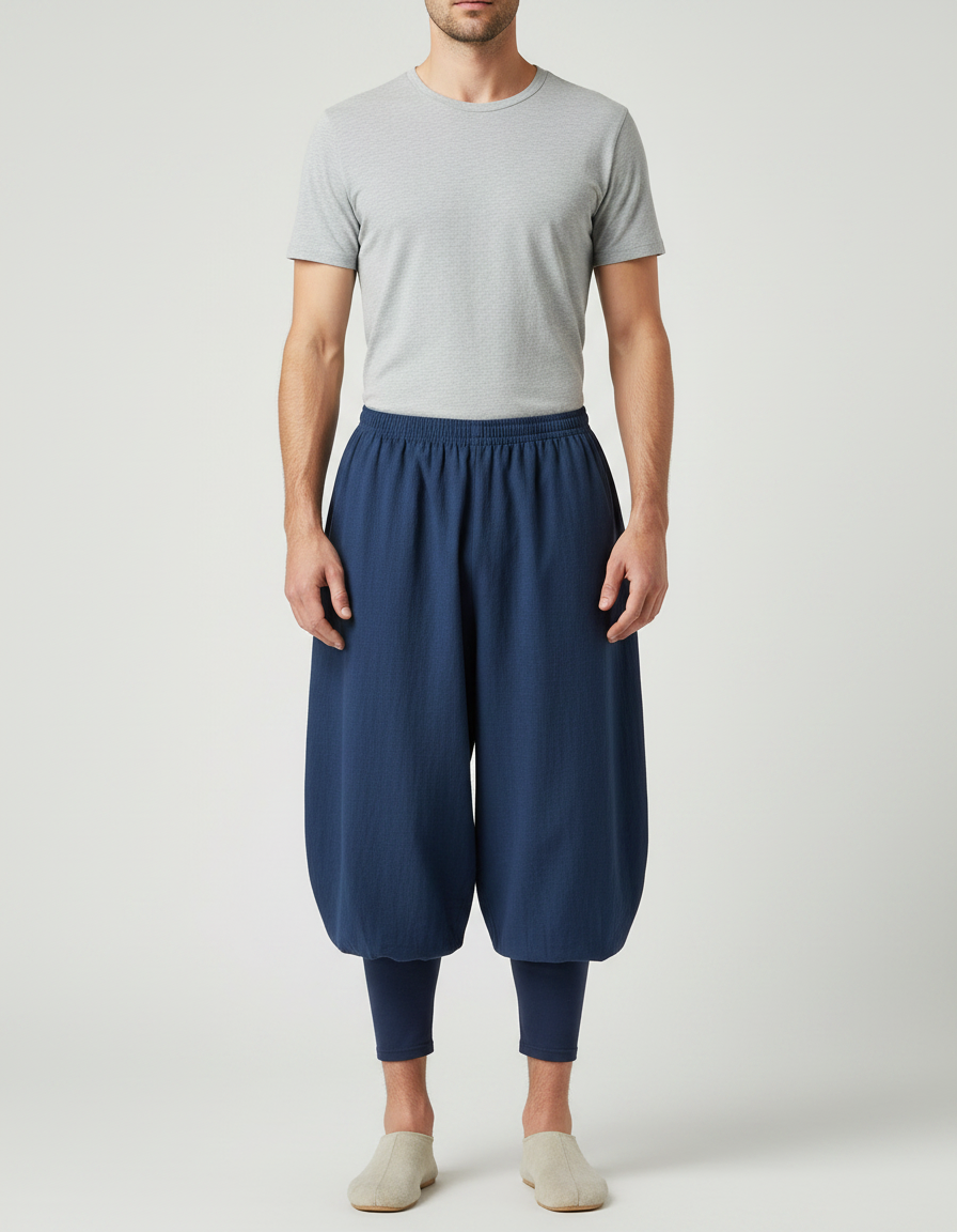 Pantalon Chinois Bleu Ample Coton Lin Moine - Marine