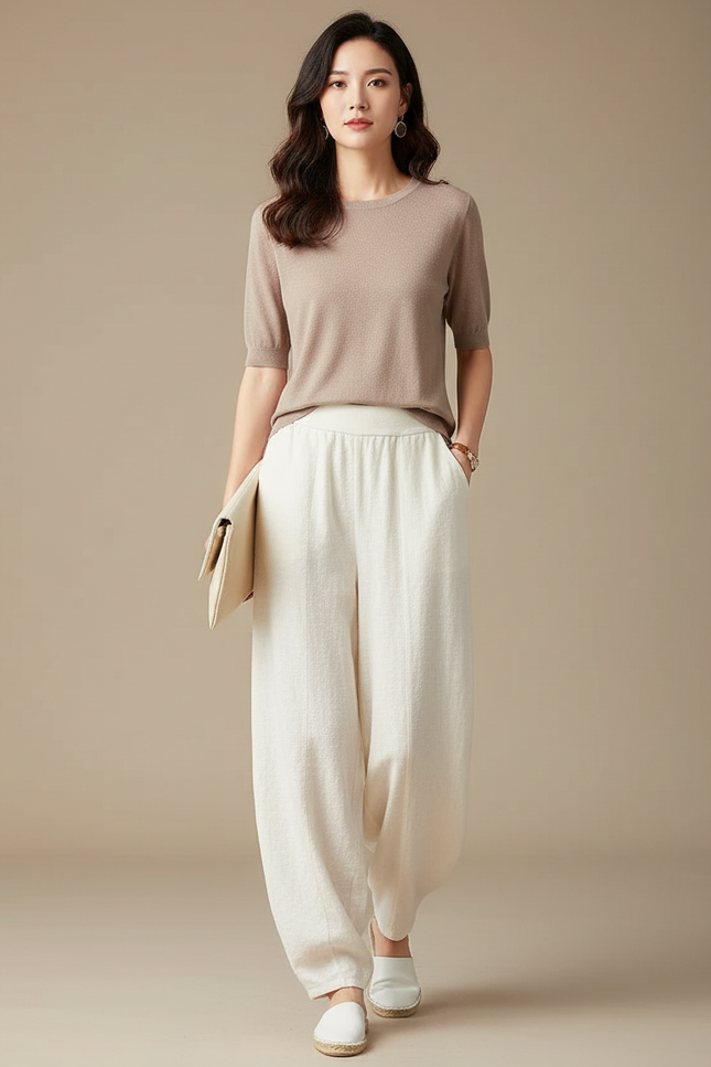 Pantalon Chinois Lin Ample Écru Confortable Décontracté - Beige