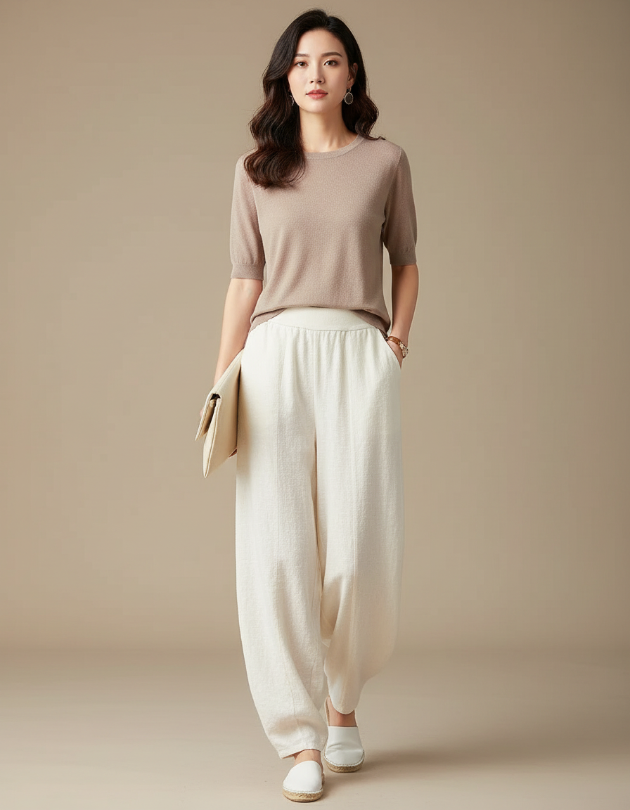 Pantalon Chinois Lin Ample Écru Confortable Décontracté - Beige
