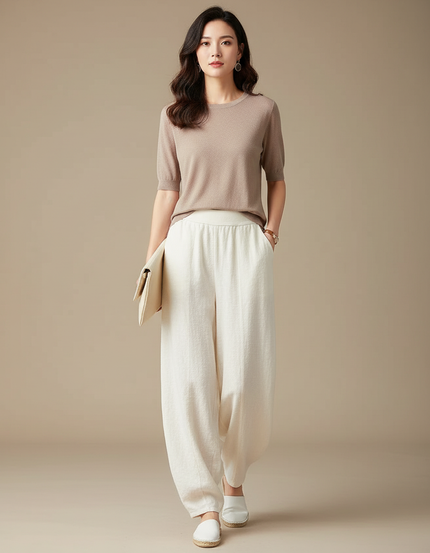 Pantalon Chinois Lin Ample Écru Confortable Décontracté - Beige