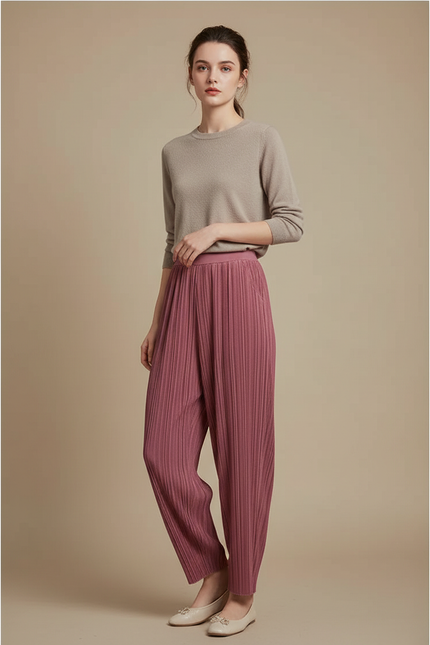 Pantalon Chinois Rose Plissé Ample Décontracté - Polyester