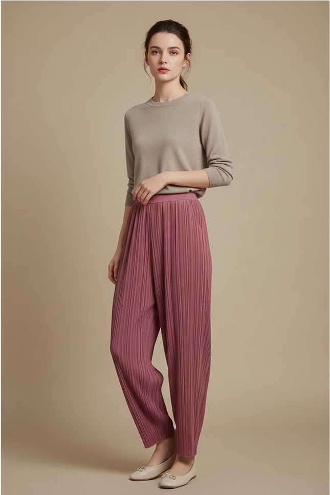 Pantalon Chinois Rose Plissé Ample Décontracté - Polyester
