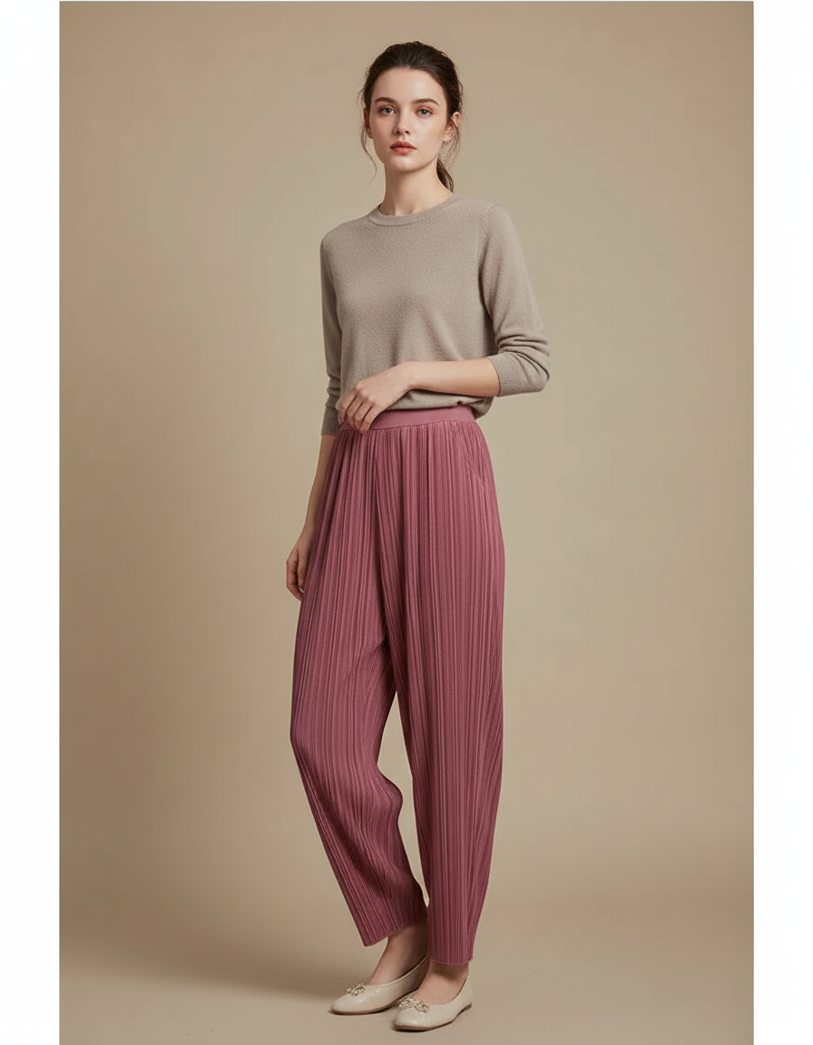 Pantalon Chinois Rose Plissé Ample Décontracté - Polyester
