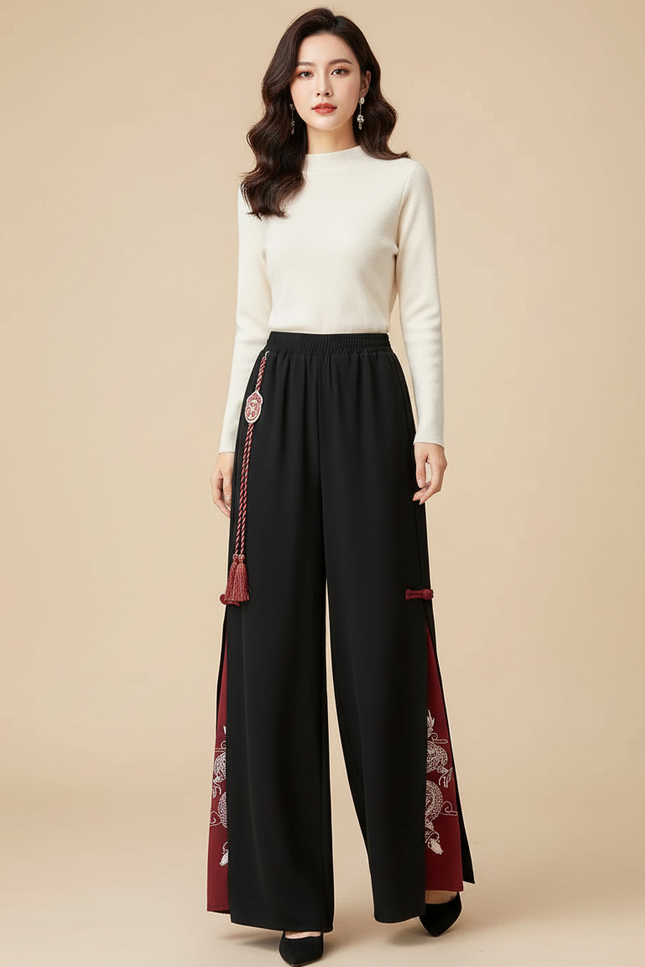 Pantalon Chinois Noir Brodé Fendu Large Femme - Polyester