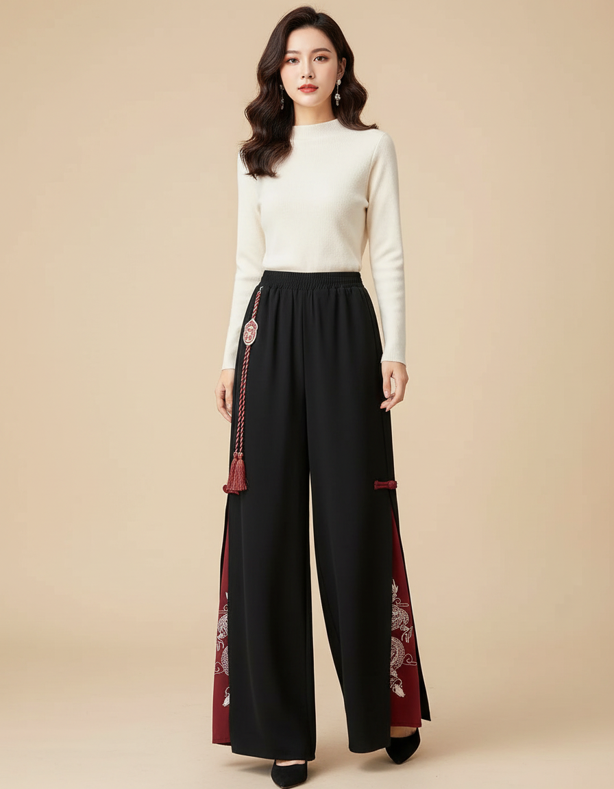 Pantalon Chinois Noir Brodé Fendu Large Femme - Polyester